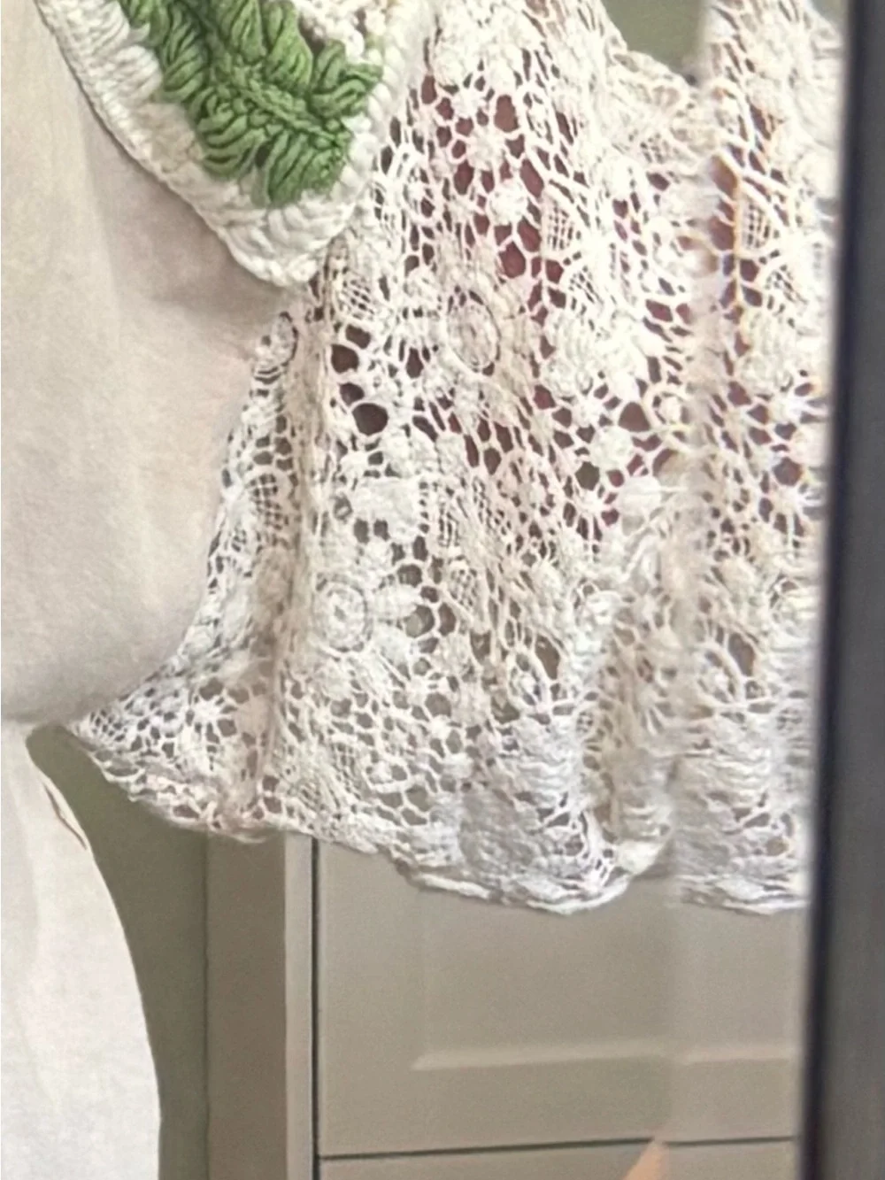 Free People Cream Crochet Yoke Sweatshirt with Orange, Yellow & Green Accents